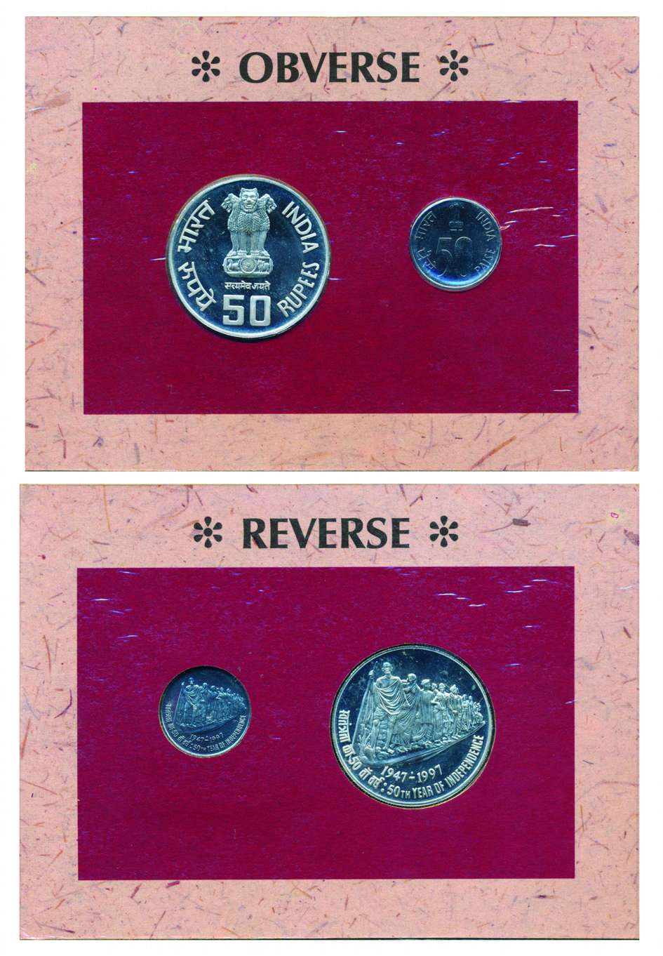 UNC Set of 1997, 50th Anniversary of India’s Independence (1947-1997), Set of 2 coins 50 R
