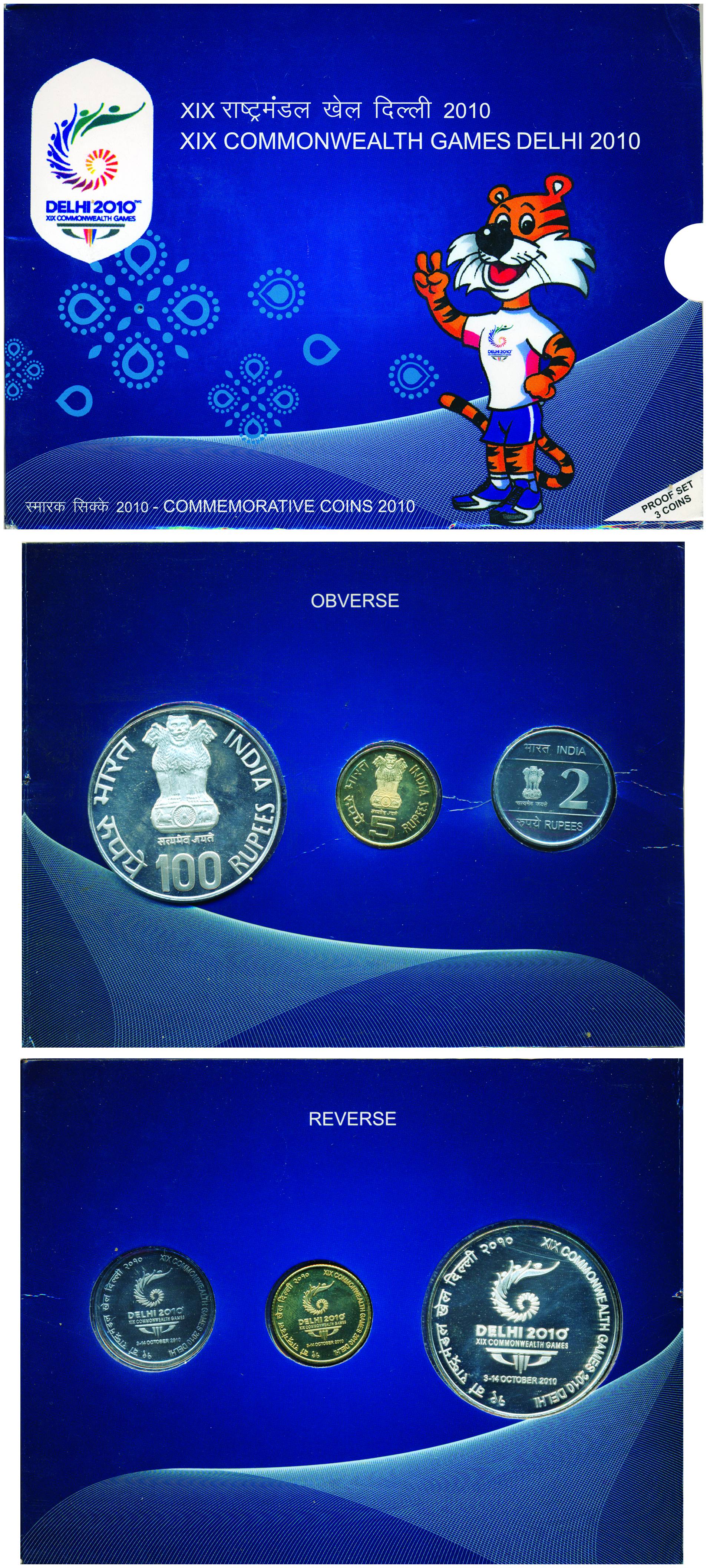 Proof Set of XIX Commonwealth Games, Delhi, 2010, Set of 3 Coins: Rs. 100, Rs. 5 & Rs. 2, 