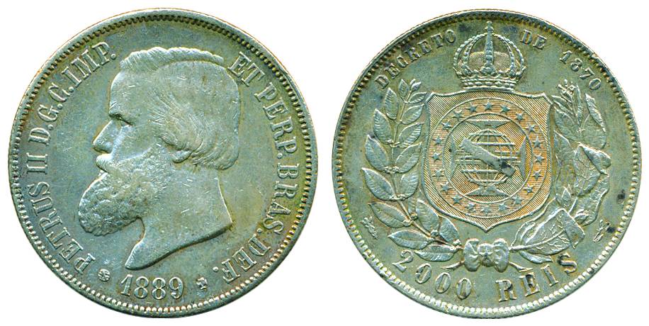 Brazil, Portuguese Colony, Pedro II, Silver, 2000 Reis, portrait of the ruler to left on o