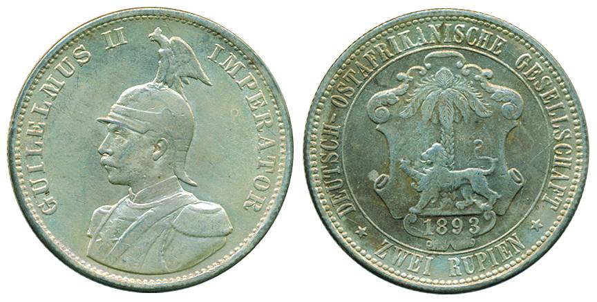 German East Africa, Guilelmus II, Silver, Double Rupee, 1893, portrait on obv, arms and va