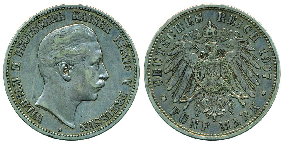 Germany, Prussia, Wilhelm II, Silver, 5 Marks, 1907, portrait on obv, Imperial eagle on re