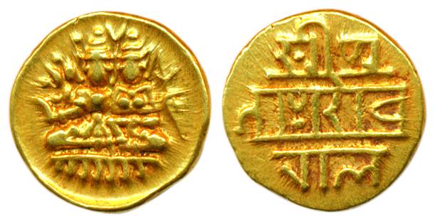 Vijayanagar Empire, Devraya I, Gold, 1.68 g, ½ Pagoda, Shiva-Paravati type on obv, Nagari 