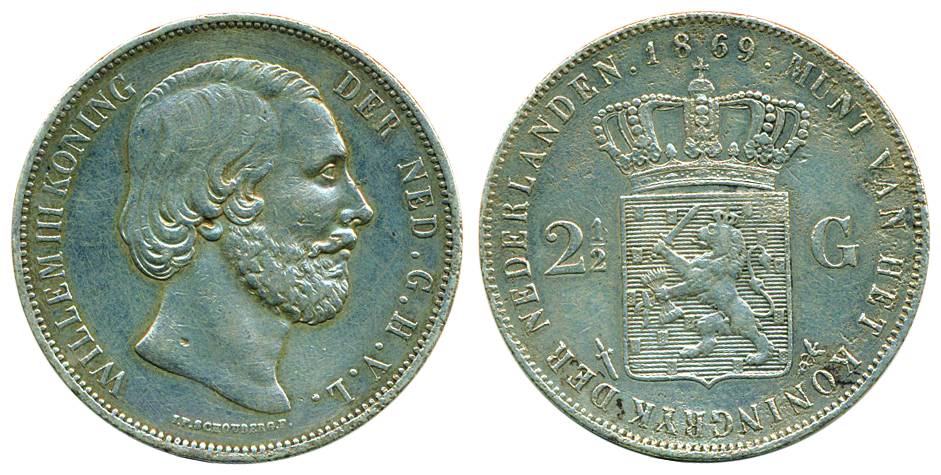 The Netherlands, William III, Silver, 2-½ Guilders, 1869, inscribed edge. Very Fine+, Scar