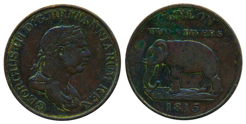Sri Lanka, George III, Copper, 2 Stuviers, 1815, portrait on obv, Elephant to left and val