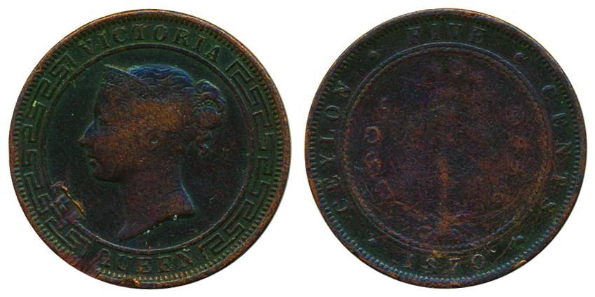 Sri Lanka, Victoria, Copper, 5 Cents, 1870, portrait on obv, coconut tree and value on rev