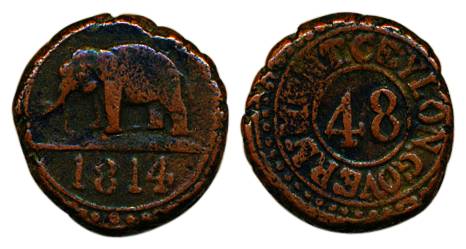Sri Lanka, Copper, 1/48 Rix Dollar, 1814, elephant walking to left and date on obv, 48 in 