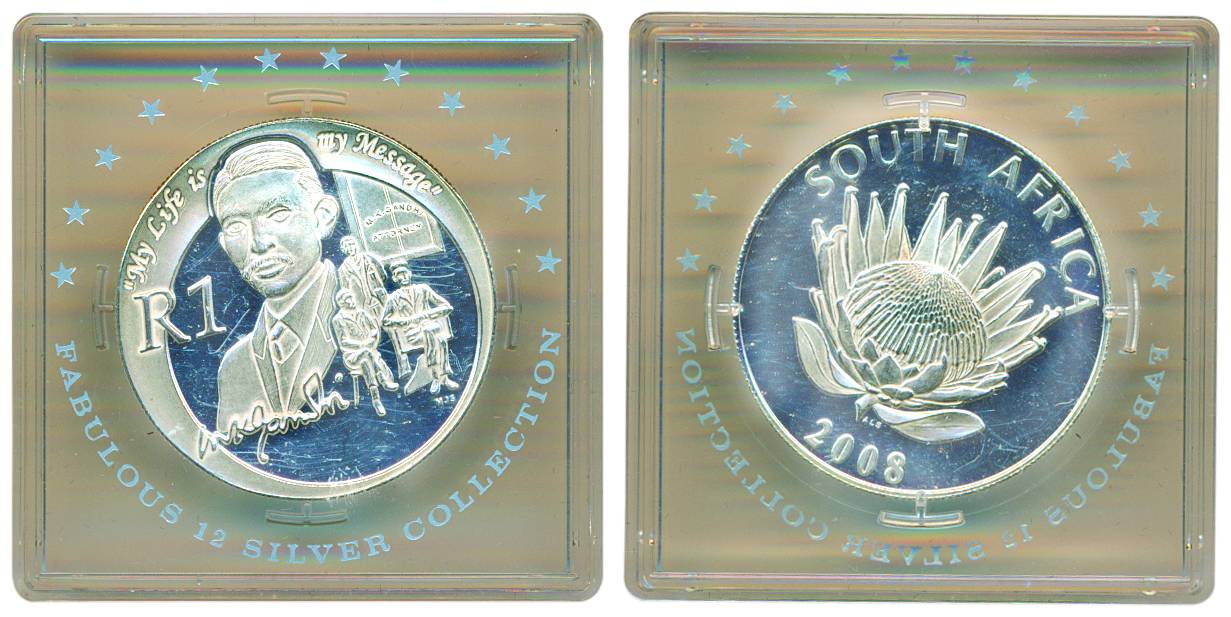 South Africa, Silver, 1 Rand Proof, 2008, portrait of Mahatma Gandhi with his autograph an