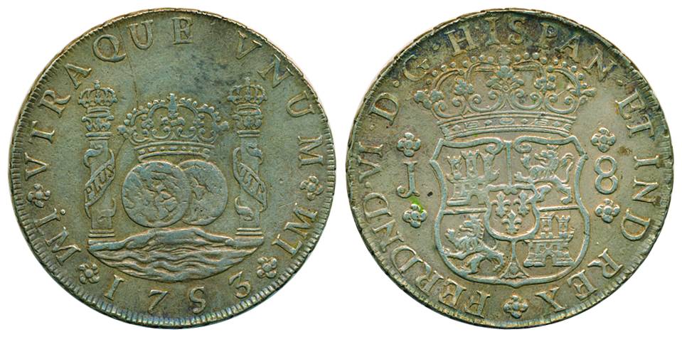Spain, Silver, 8 Reals (Dollar), 1753, crowned arms on obv, crown with associated symbols 