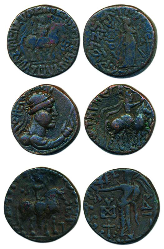 Indo-Scythians, Azes, Copper (2), horseman with Greek legend on obv, Goddess with Kharosht
