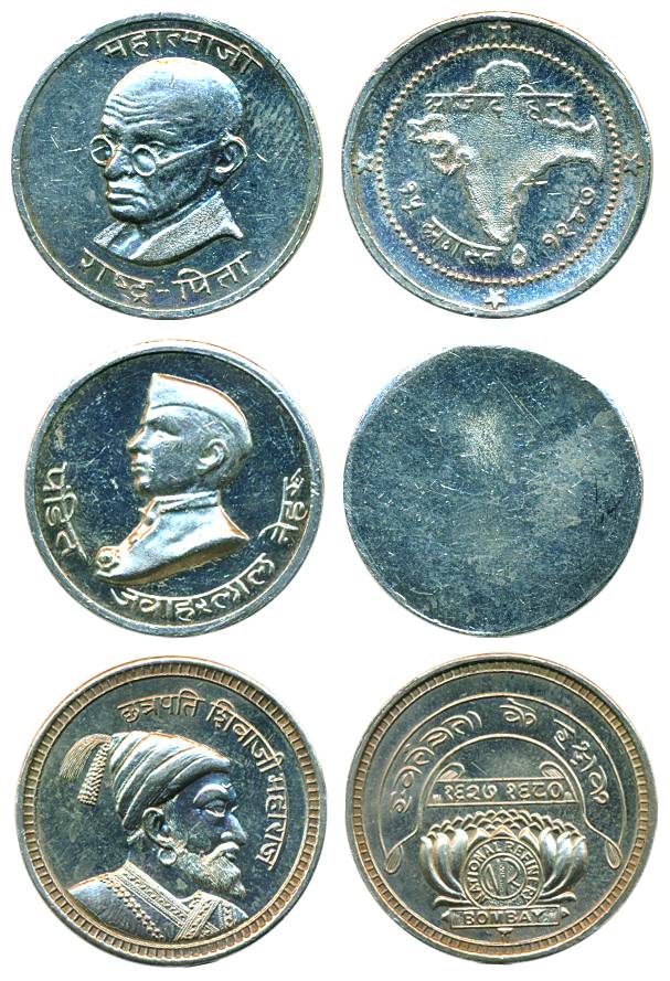Modern Silver Tokens (3) of Heroes of India, Mahatma Gandhi (11.7 g), Jawaharlal Nehru (10