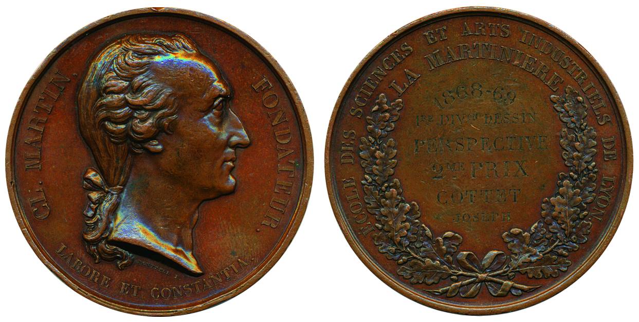 Claude Martin Medal, Bronze, portrait to right on obv, engraved within wreath, 1868-69 … 2