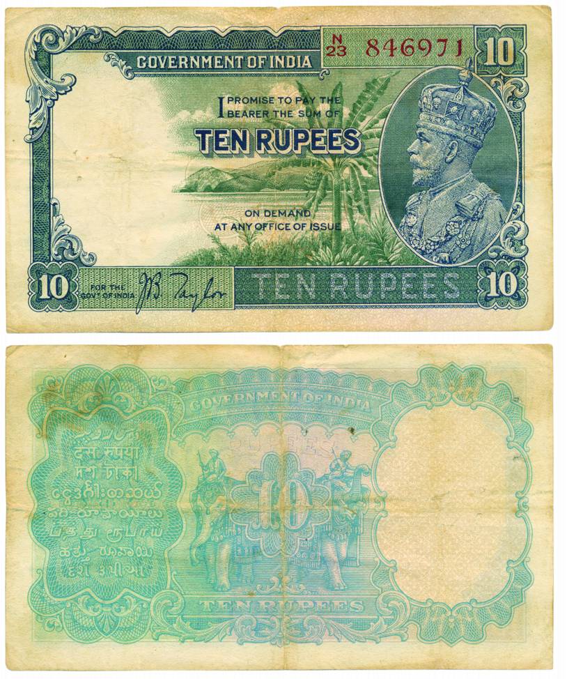 George V, 10 Rupees, 3rd Issue, Small size, Signed by J B Taylor, Thick Paper, released in