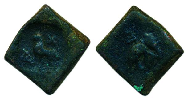 Taxila, 2nd century BC, Copper, Square, a tiger punched in a square and facing left on obv