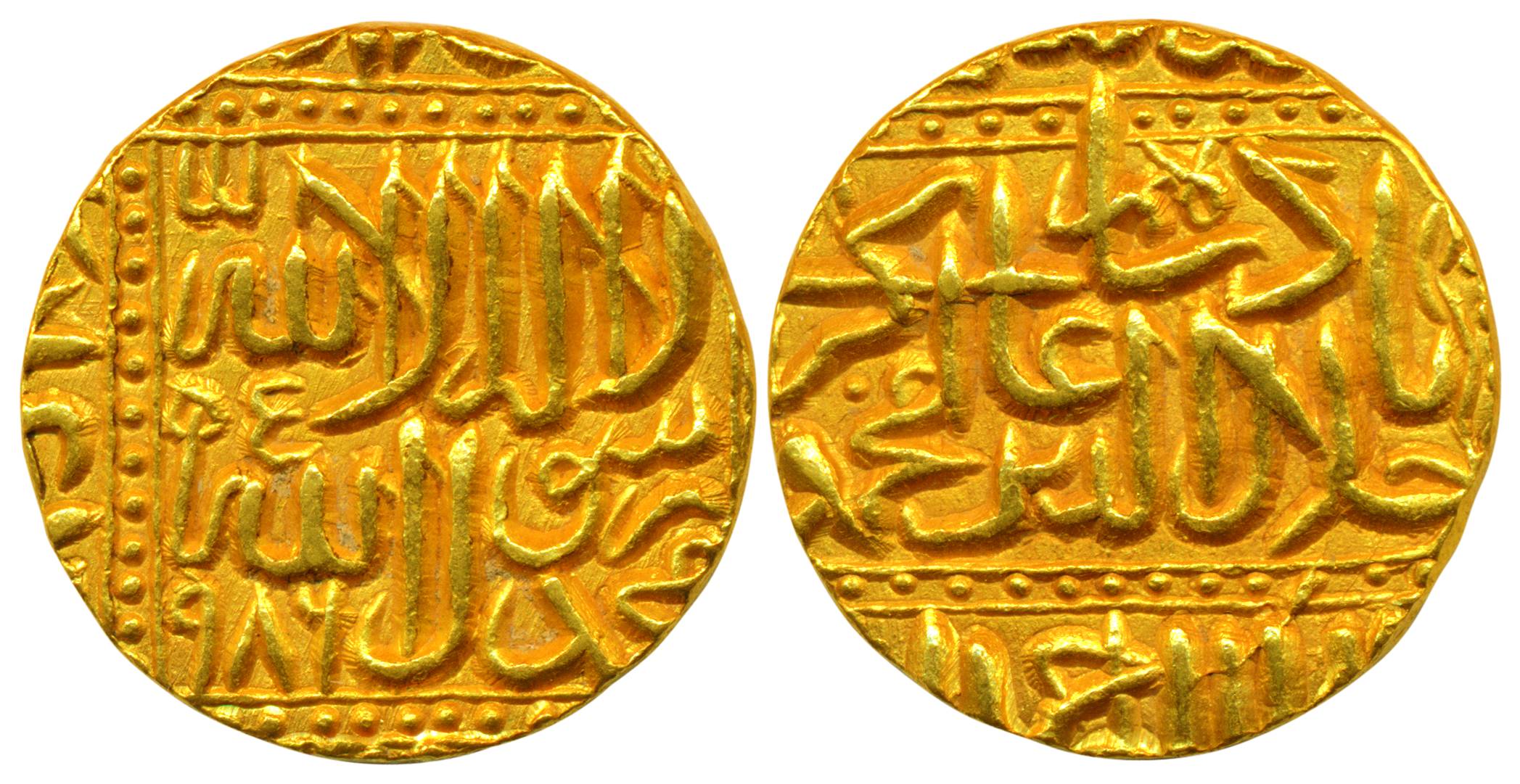 Akbar, Gold. 10.9 g, Mohur, Ahmedabad, Dar us Sultanate mint, AH 986, Kalima type, mint na