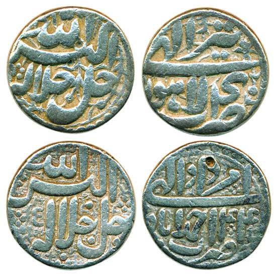 Akbar, Silver (2), Rupee, Ahmedabad and Lahore mints, Allahu Akbar type, circular Ilahi is