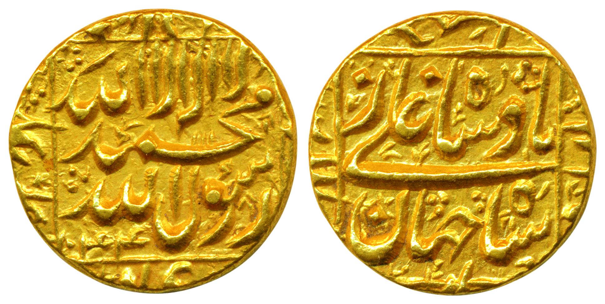 Shah Jahan, Gold, 10.9 g, Mohur, (Surat) mint, square-area type, AH 1044. UNC, Scarce.