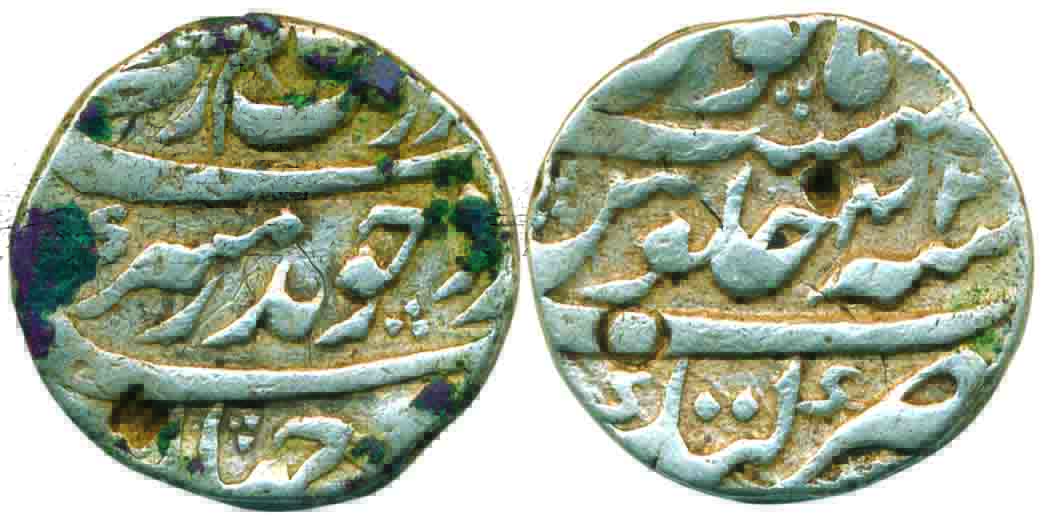 Auragnzeb, Silver, Rupee, Katak mint, RY 42, complete mint name at bottom on rev (KM 300.5