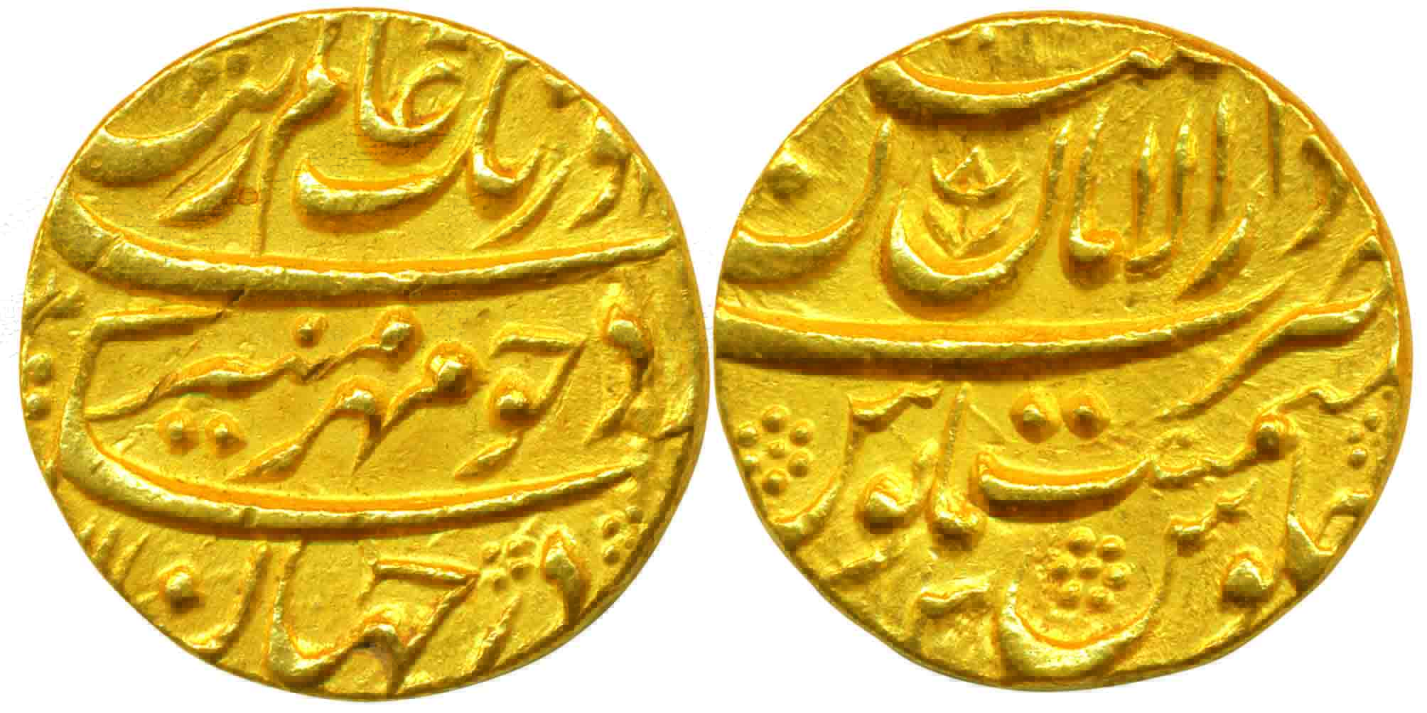 Aurangzeb, Gold, 11 g, Mohur, Multan Dar ul Aman mint, mint name at top on rev, RY 3. UNC,