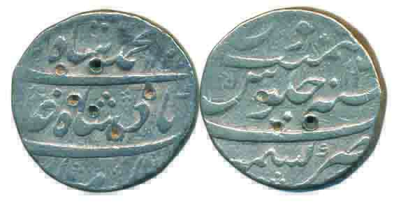 Muhammad Shah, Silver, Rupee, Kashmir mint, mint name at bottom on rev, AH 1145/14 (KM 436