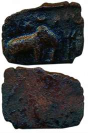 Sangam Pandya, Copper, 6.97 g, elephant standing to right with a host of symbols above its