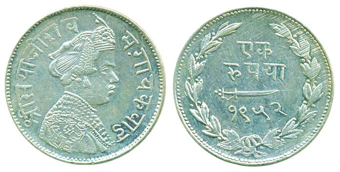 Sayaji Rao III, Silver, Rupee, Baroda mint, VS 1952, Small flan type. Extremely Fine, Scar