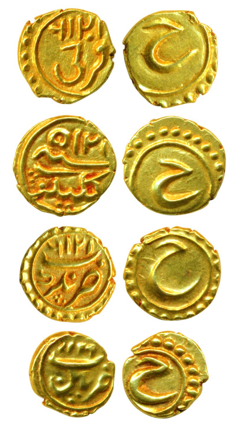 Tipu Sultan, Gold (4), Fanam, Farrukhi mint, AM 1216; Kalikut mint, AM 1215, Nagar mint, A