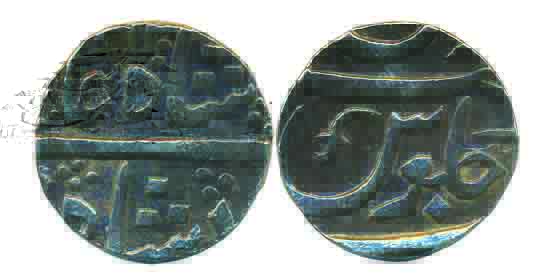 Anand Rao, Silver, Rupee, Sankheda mint, in the name of Shah Alam II, sword in seen of jul