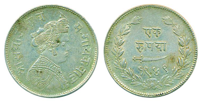 Sayaji Rao III, Silver, Rupee, Portrait type, Baroda mint, VS 1949, Broad flan type (KM Y3