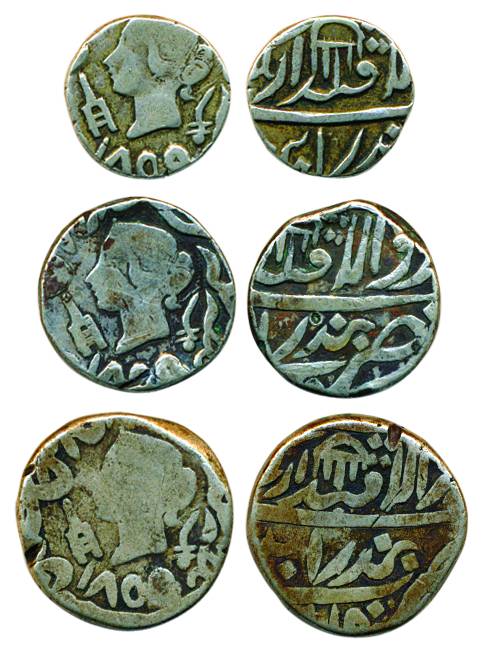 Silver (3), Set of 3 denominations: Rupee, ½ , and ¼ Rupee, with the portrait of Victoria 