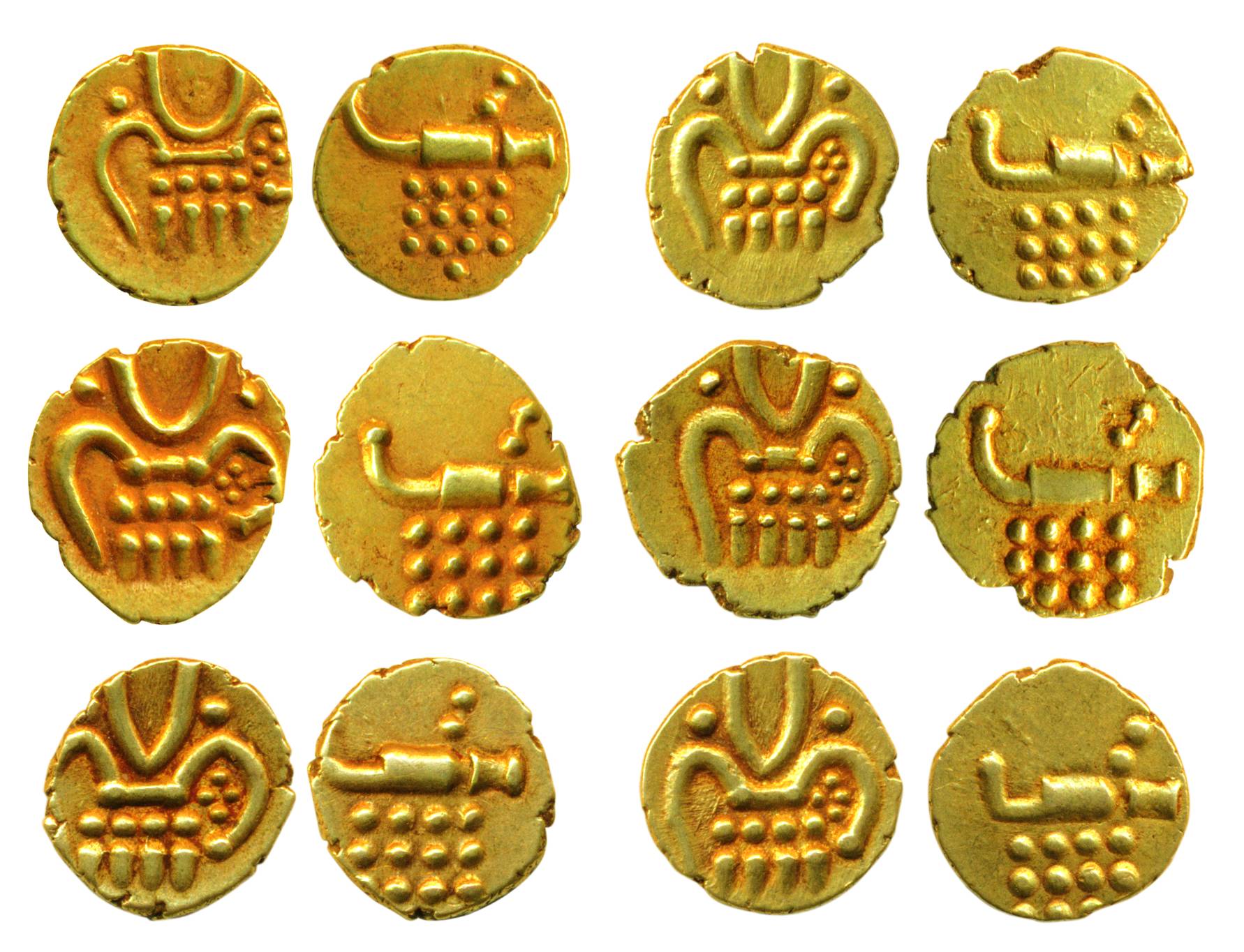 Gold (6), Fanam, Vira Raya Fanam type with the rev having a tiger and dots, anonymous.Extr