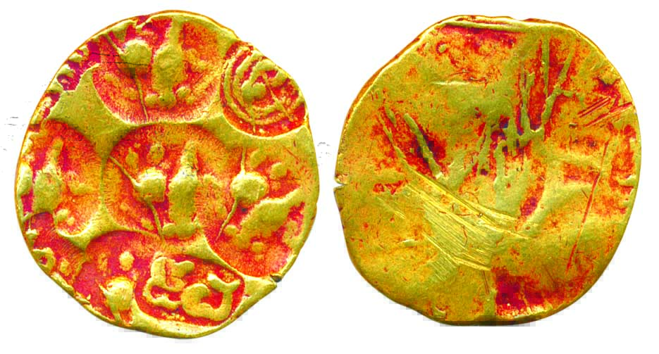 Chalukyas of Kalyan, Gold, 3.39 g, Pagoda, punch-marked, lions type with 5 lions in differ