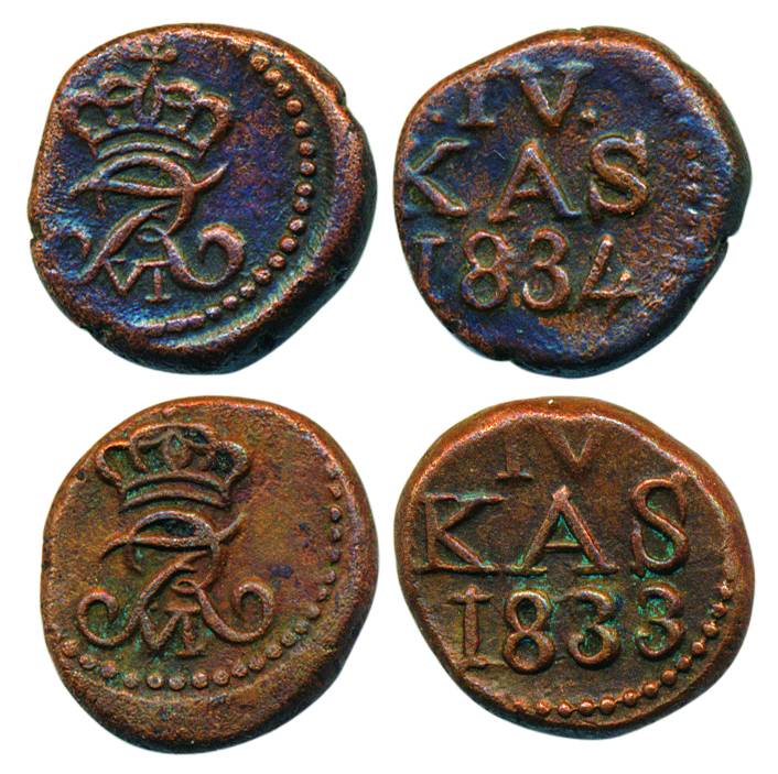 Fredrick 6, Copper (2) 4 Kas, Royal Colony, monogram on obv, value and date onrev, 1833 an