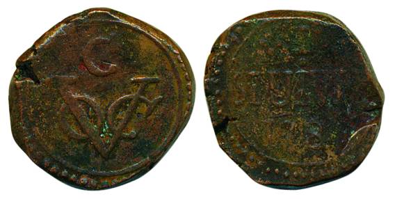 Copper, 13.35 g, 1 Stvier, VOC monogram with C above on obv, year 178x and value on rev.Ab