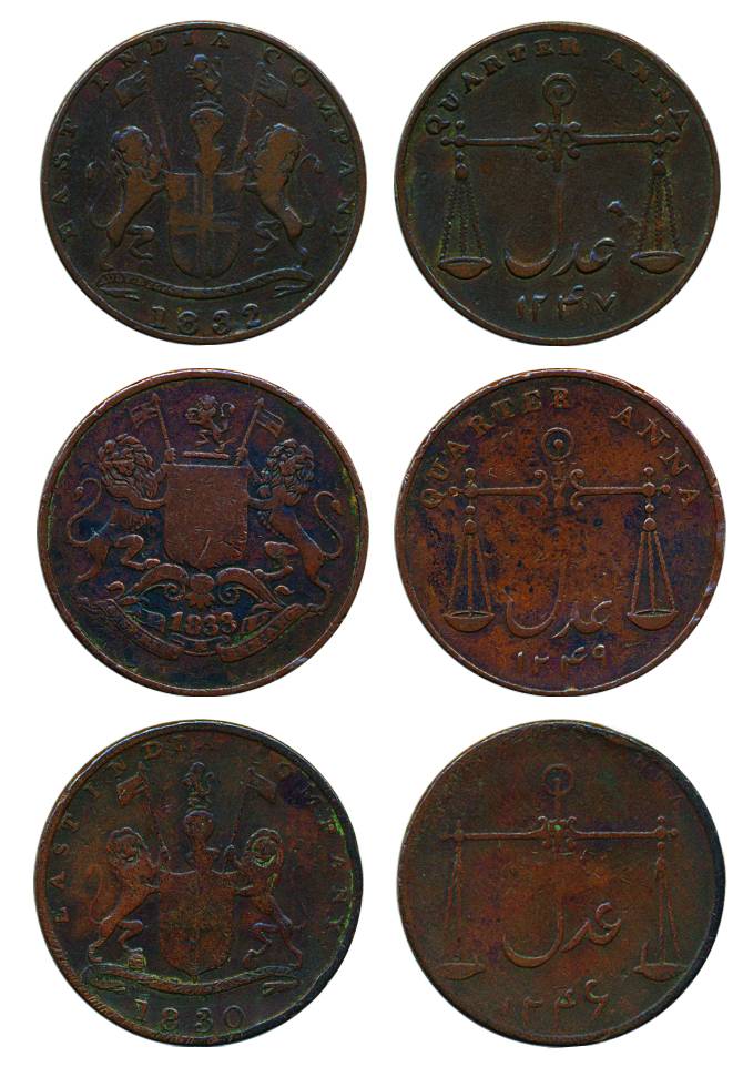 Copper (3), ¼ Anna, Adal Series, scale on obv, arms on rev, 1830-1246, 1832-1247, and 1833