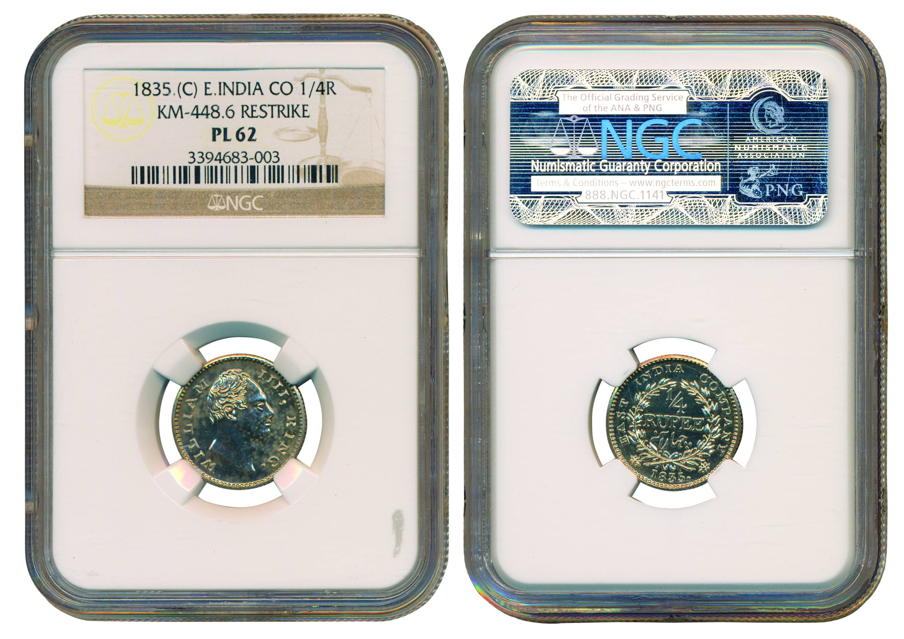 William IV, Silver, ¼ Rupee, 1835, Calcutta mint (KM 448.6).Graded by NGC as PL 62 Proof-L