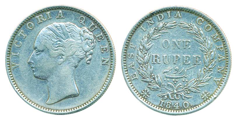 Victoria Queen, Silver, Rupee, Continous legend, 1840, S incused at truncation, 35 berries