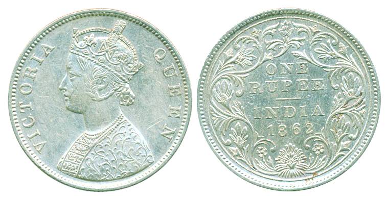 Victoria Queen, Silver, Rupee, 1862, Calcutta mint, round pearls on the arches of crown on