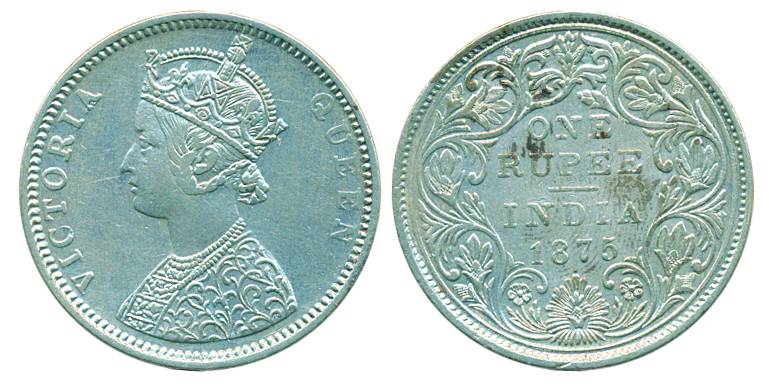 Victoria Queen, Silver, Rupee, 1875,Obv C, Rev II, dot, Bombay mint. About Extremely Fine,