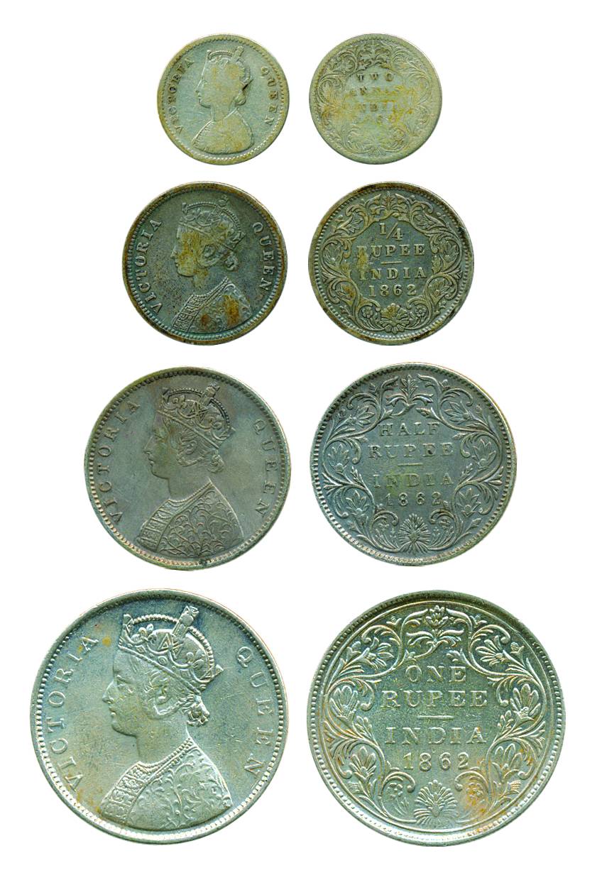 Victoria Queen, Silver (4), Set of 4 denominations: Rupee, ½ Rupee, ¼ Rupee and 2 Annas, 1