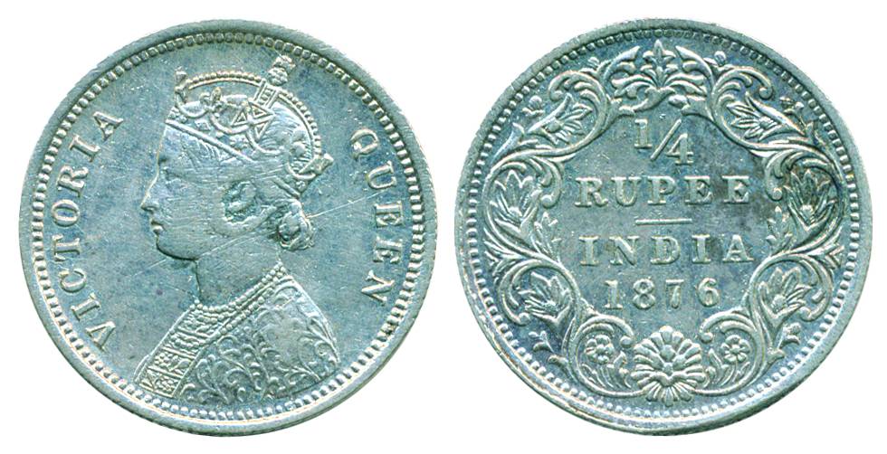 Victoria Queen, Silver, ¼ Rupee, 1876.About Extremely Fine, Scarce.