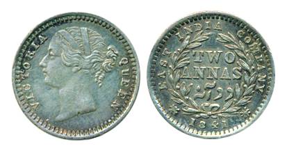 Victoria Queen, Silver, 2 Annas, 1841, Divided legend, S incused, WW raised, Madras mint. 