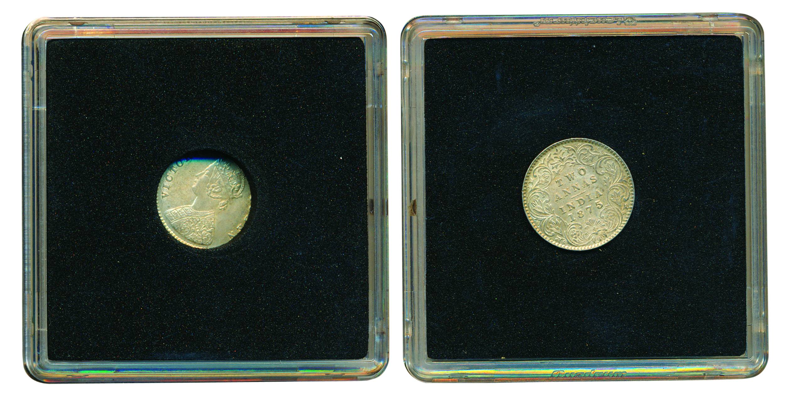Victoria Queen, Silver, 2 Anna, 1875.About UNC, Scarce.