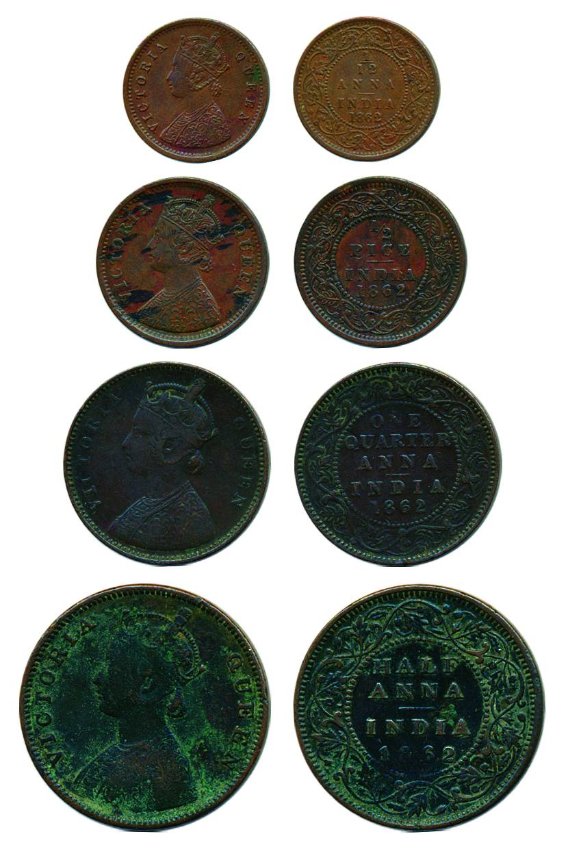 Victoria Queen, Copper (4), ½ Anna, ¼ Anna, ½ Pice and 1/12 Anna, 1862.Very Fine. 4 coins