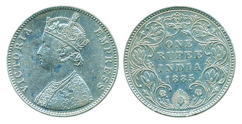 Victoria Empress, Silver, Rupee, 1885, Bombay mint, Obv A3, Rev IV, B incused. Not in Prid
