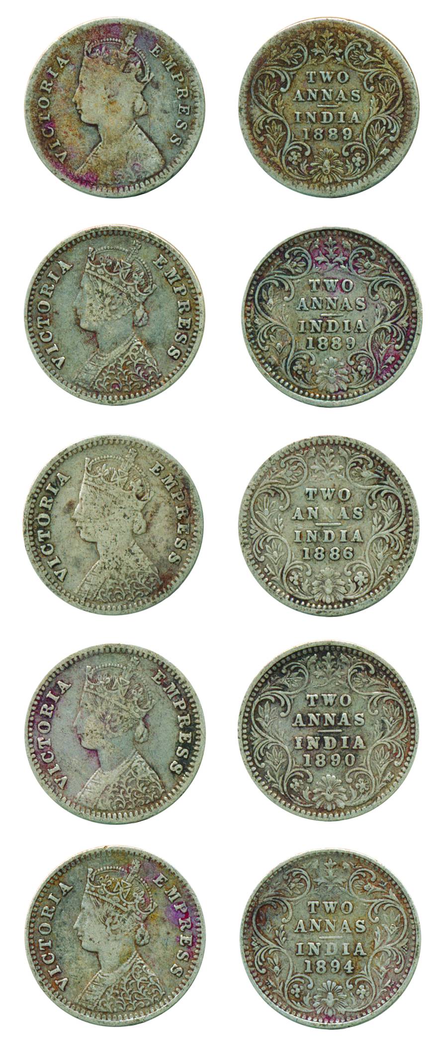 Victoria, Silver (6), 2 Annas, various years, 1841, 1886, 1889 (2), 1890, 1894.Fine+ to Ve