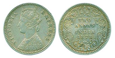 Victoria Empress, Silver, 2 Anna, 1878.Very Fine+, Scarce.