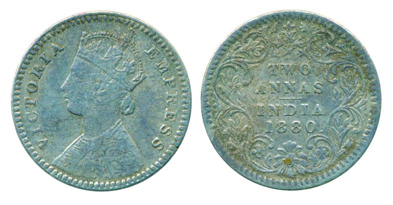 Victoria Empress, Silver, 2 Annas, 1880, Calcutta mint, C incused on rev. Fine+, Rare.