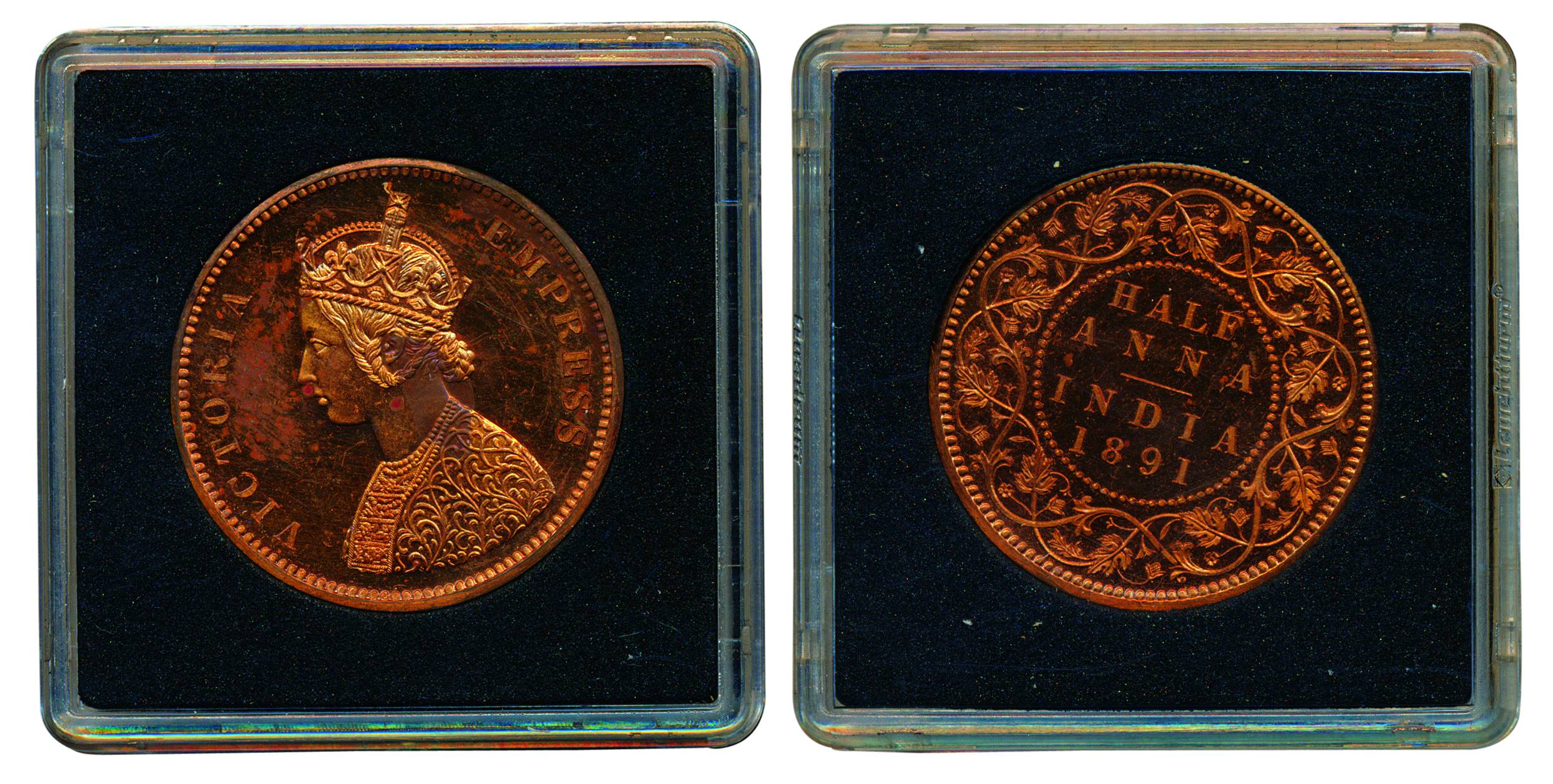 Victoria Empress, Copper, ½ Anna Proof, 1891, Bust 'B'. Minor stains otherwise Choice Mint