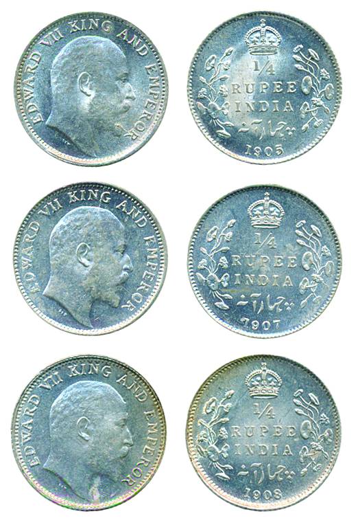 Edward VII, Silver (3), ¼ Rupee, 1905, 1907 and 1908, Calcutta mint.All UNC, Scarce. 3 coi