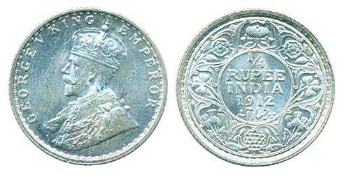 George V, Silver, ¼ Rupee, 1912, Bombay mint, UNC.